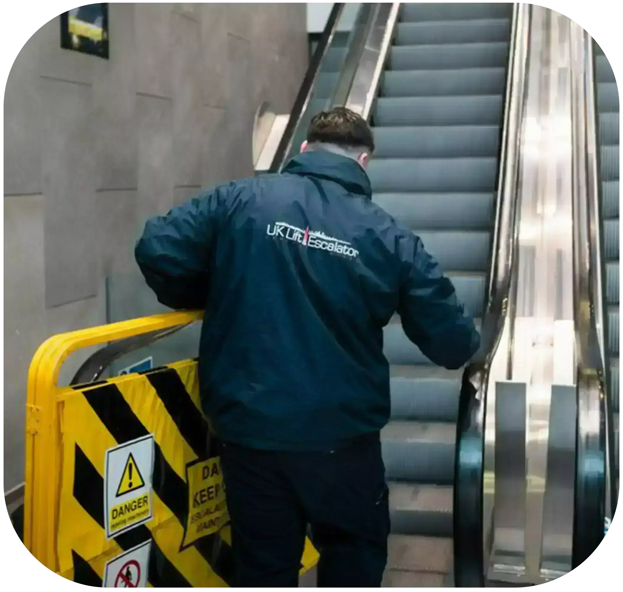 While walking the technician examines the lifts and escalators.